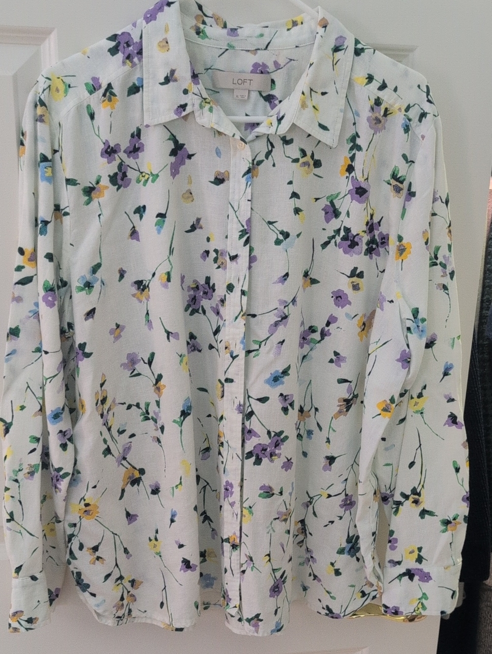 LOFT White Shirt with Purple and Yellow Floral Print